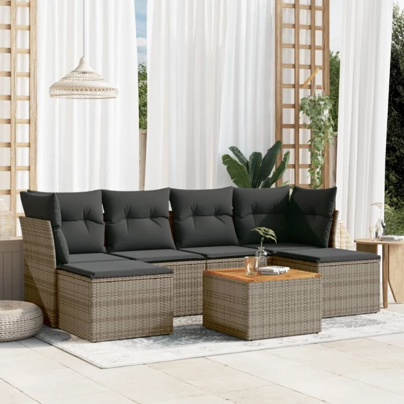 Havesofa sæt 7 dele i grå polyrattan med hynder
