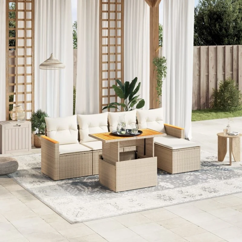 Havesæt 6 dele i polyrattan med hynder – beige