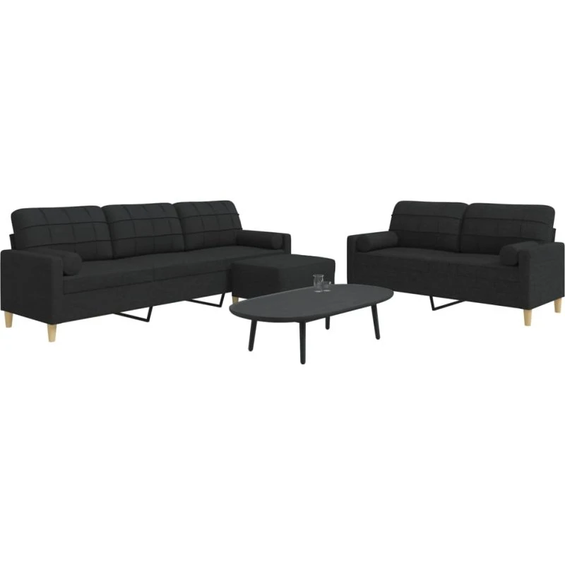 Sofasæt 3 dele med fodskammel og pyntepuder — sort stof
