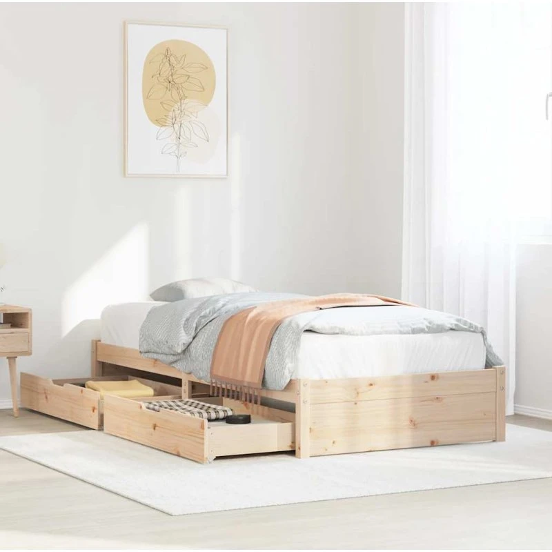 Sengeramme 90x200 cm i massivt fyrretræ med skuffer