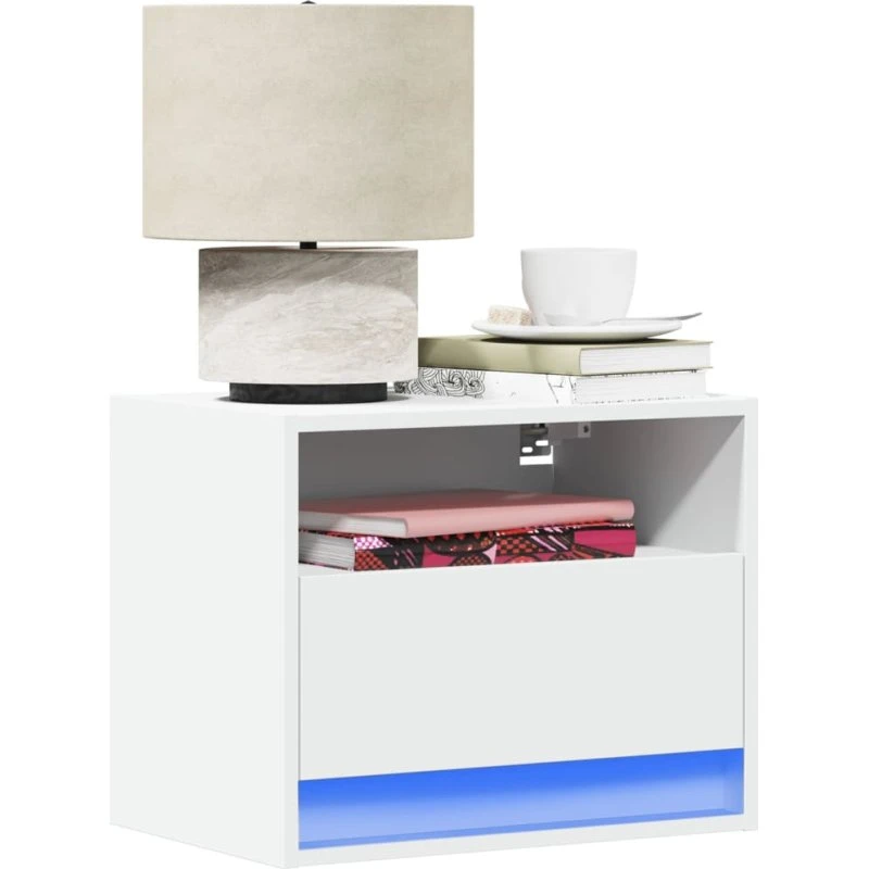 Væghængte sengeborde 2 stk. med RGB LED, hvid