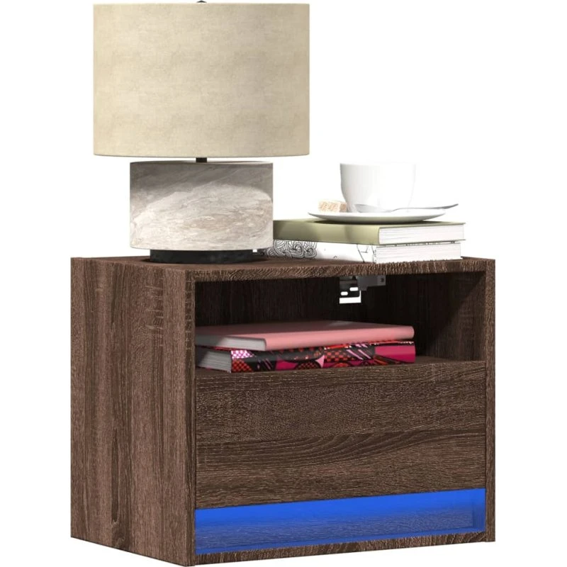 Væghængte sengeborde 2 stk. med RGB LED – brun egetræ