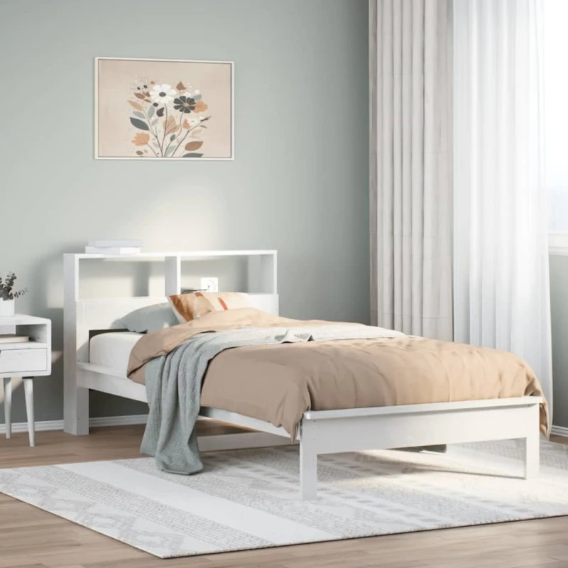Seng med reol 75x190 cm i massivt fyrretræ, hvid
