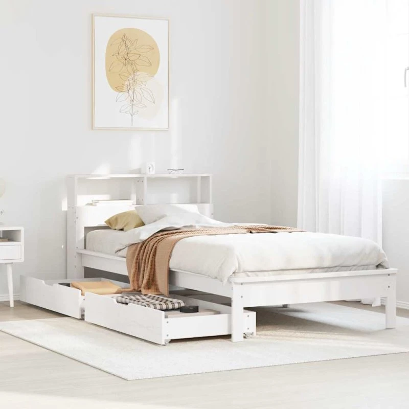 Seng med reol 75x190 cm i massivt fyrretræ, hvid