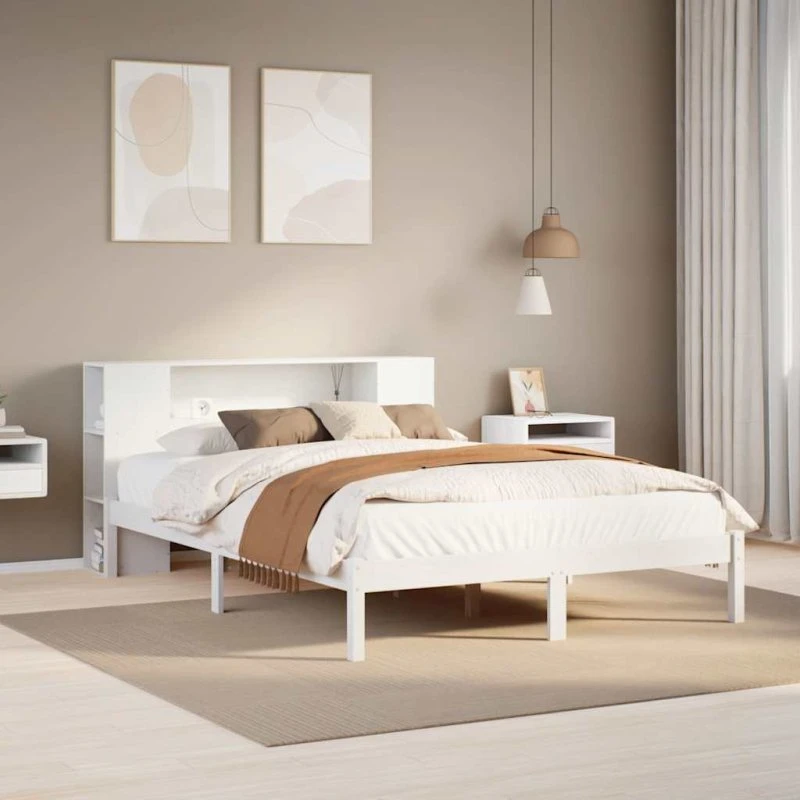 Seng med reol 160x200 i massivt fyrretræ, hvid