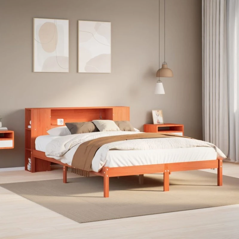 Seng med reol 140x190 cm i massivt fyrretræ, gyldenbrun