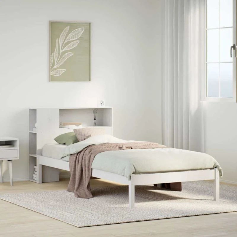 Seng med reol 75x190 cm i massivt fyrretræ, hvid (uden madras)