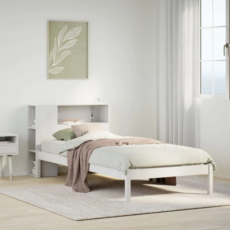Seng med reol 90x200 cm i massivt fyrretræ, hvid (uden madras)