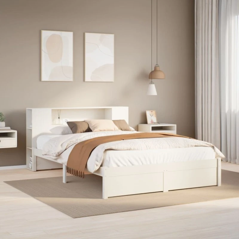 Seng med reol 140x200 cm i massivt fyrretræ, hvid (uden madras)