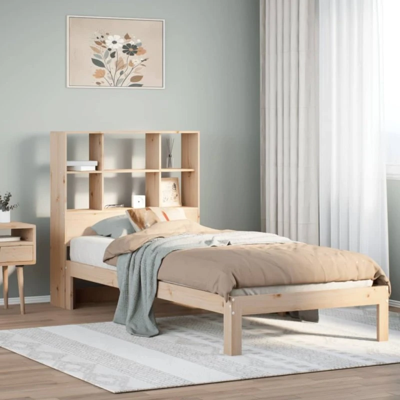 Seng 90x200 cm i massivt fyrretræ med reol (uden madras)