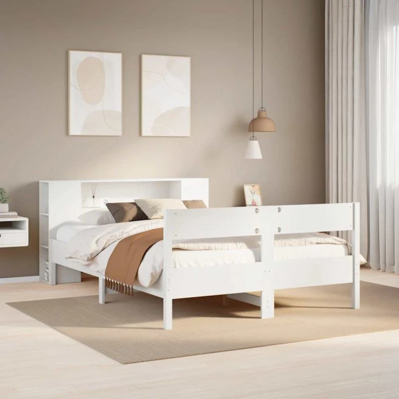 Seng med bogreol 150x200 cm i massivt fyrretræ, hvid