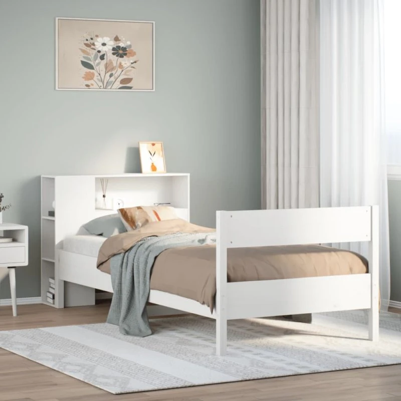 Seng med reol 90x190 cm i massivt fyrretræ, hvid