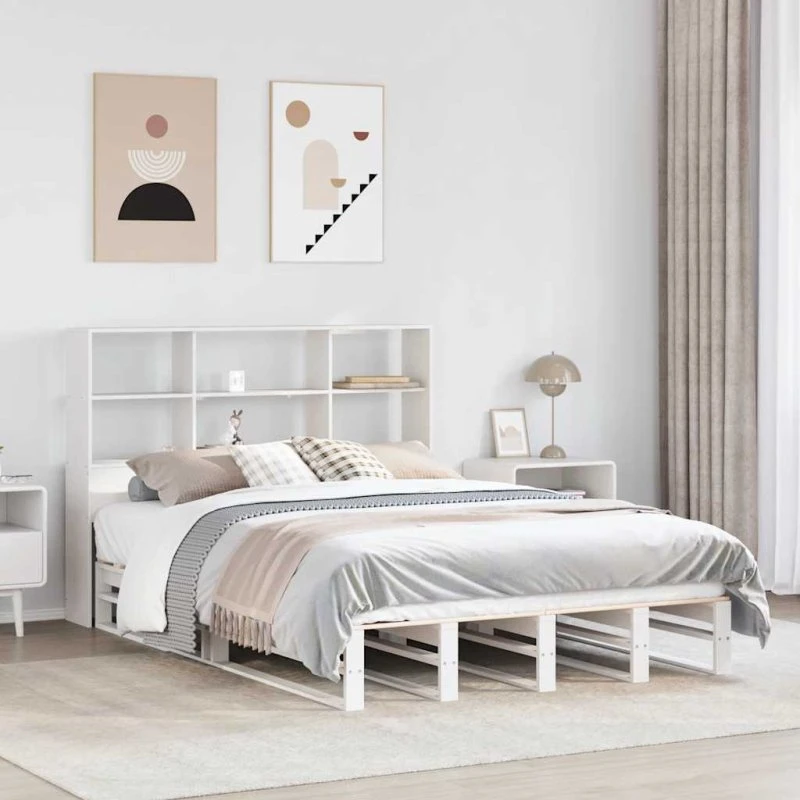 Seng med reol 140x200 cm i massivt fyrretræ - hvid