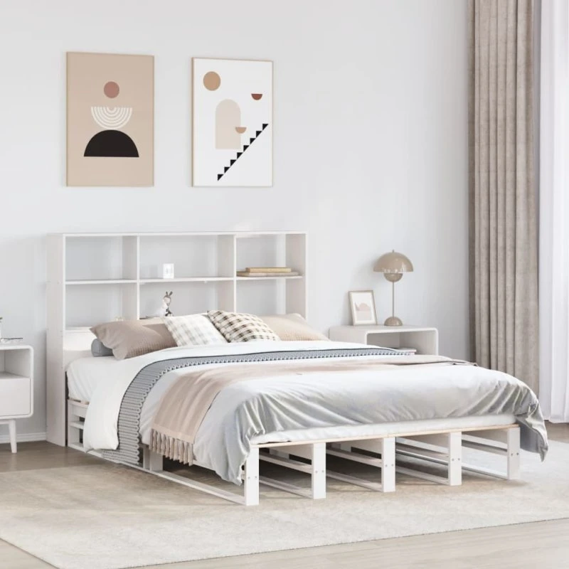 Seng med reol 120x190 cm i massivt fyrretræ, hvid