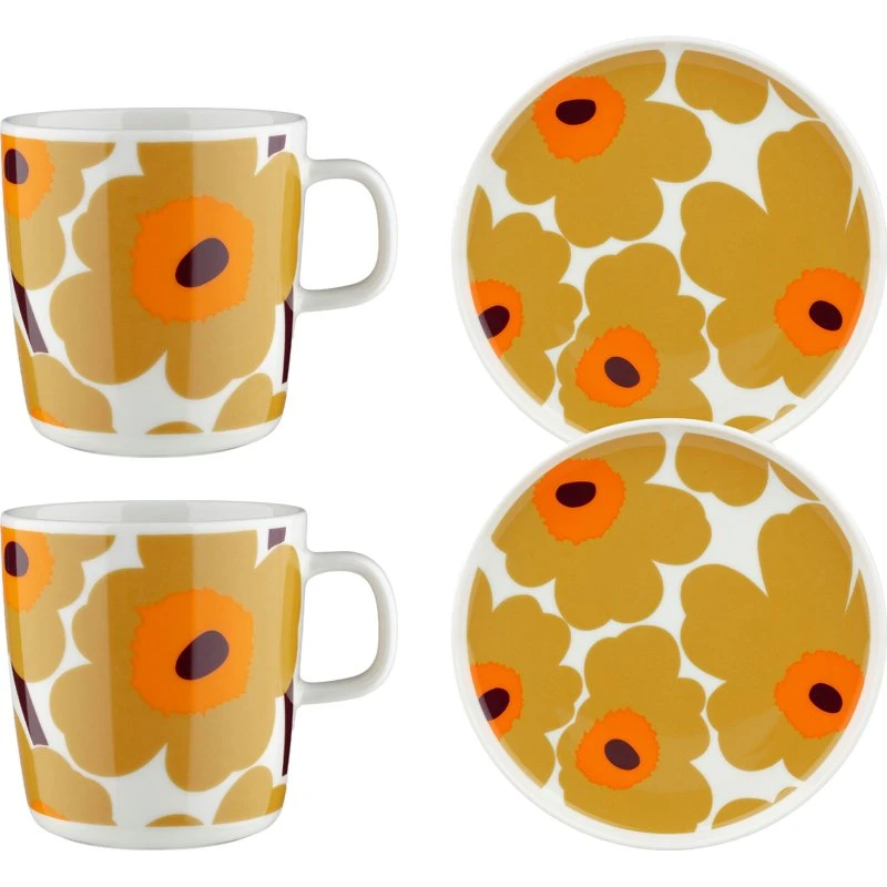 Marimekko Unikko morgenmadssæt 4 dele – hvid/karamel/orange