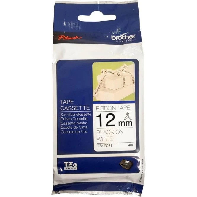 Brother TZe-R231 12 mm lamineret tape – sort på hvid