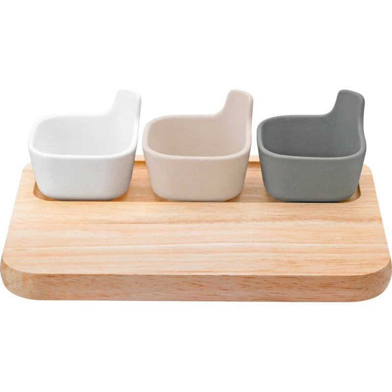 RIG-TIG TAPAS serveringssæt i gummitræ med 3 keramikskåle