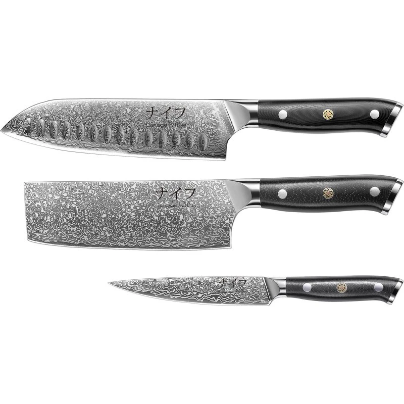 Damascus Hâws 3-dele knivsæt – sort rustfrit stål