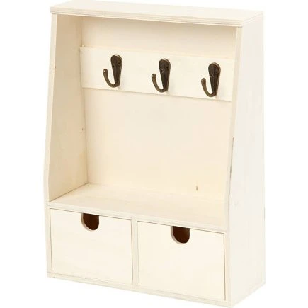 Nøgleskab i plywood med 3 kroge og 2 skuffer, 28,5x22x5-8 cm