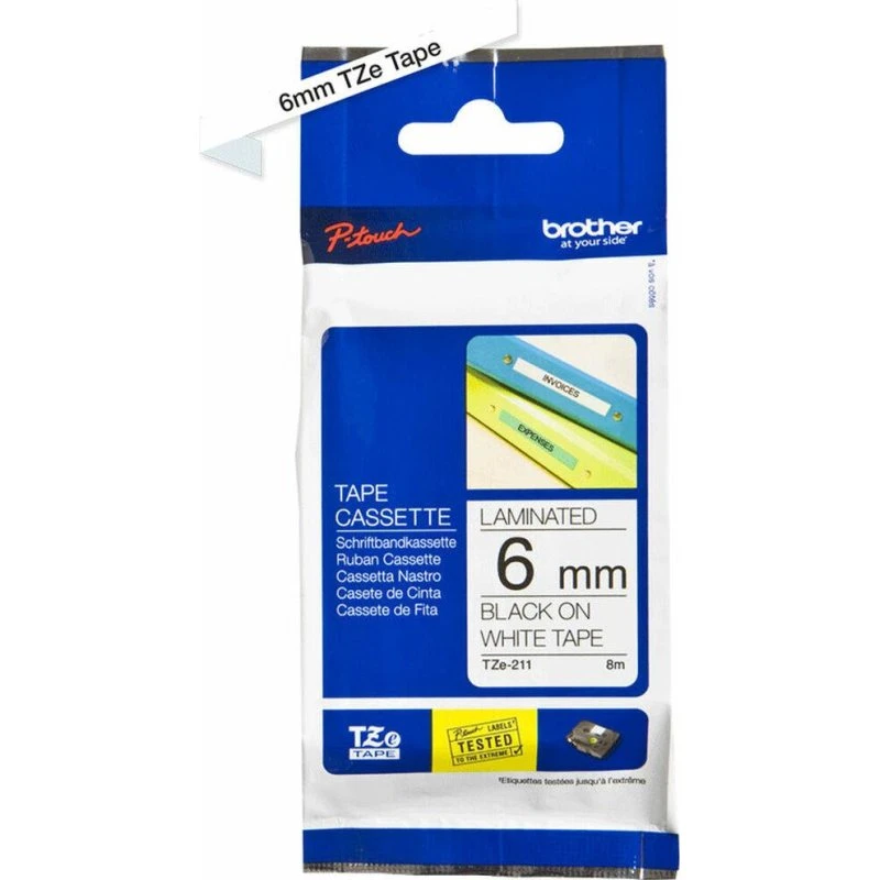 Brother TZe-211 lamineret etikettape 6 mm (sort/hvid)