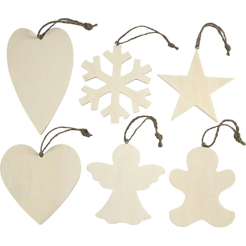 Juleophæng i lyst træ, 6 stk - 9-11 cm, 4 mm