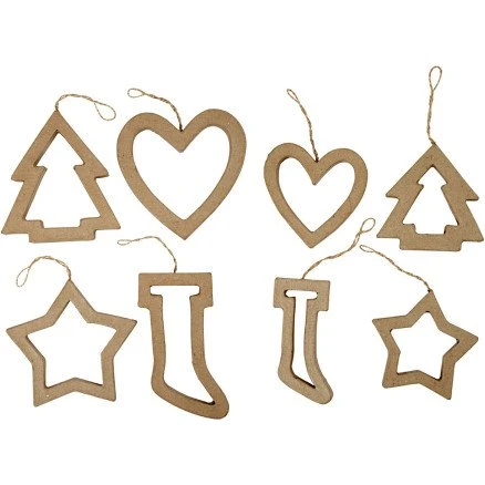 Juleophæng i papmaché 24 stk. – 4 designs, 9+12 cm