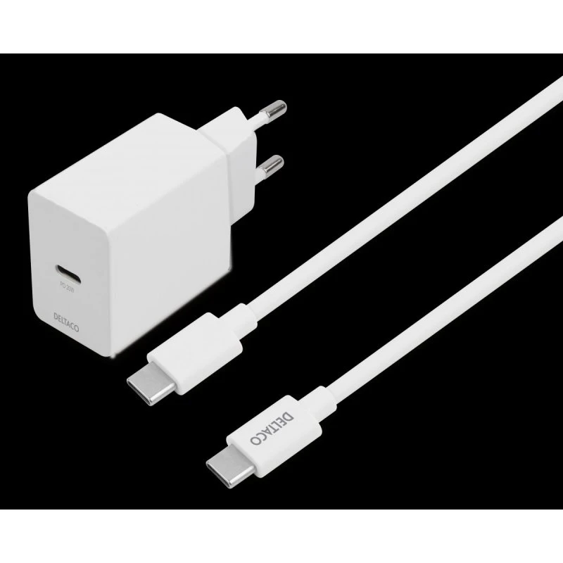 Deltaco USB-C PD 20W vægoplader med 1m kabel, hvid
