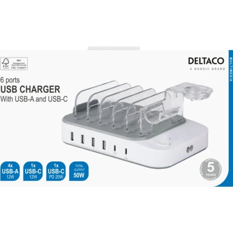 Deltaco DPS-0203 50W opladningsstation (4x USB-A, 2x USB-C)