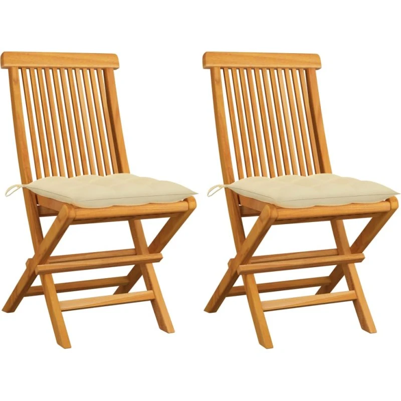 Foldbare havestole i massivt teak med cremehynder (sæt 2)