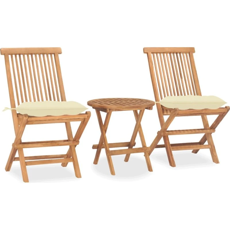 Foldbart udendørs spisebordssæt i massivt teak 3 dele (m. hynde)