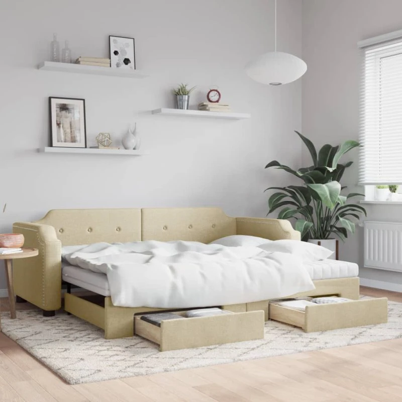 Daybed med udtræk og skuffer 90x200 cm - creme stof