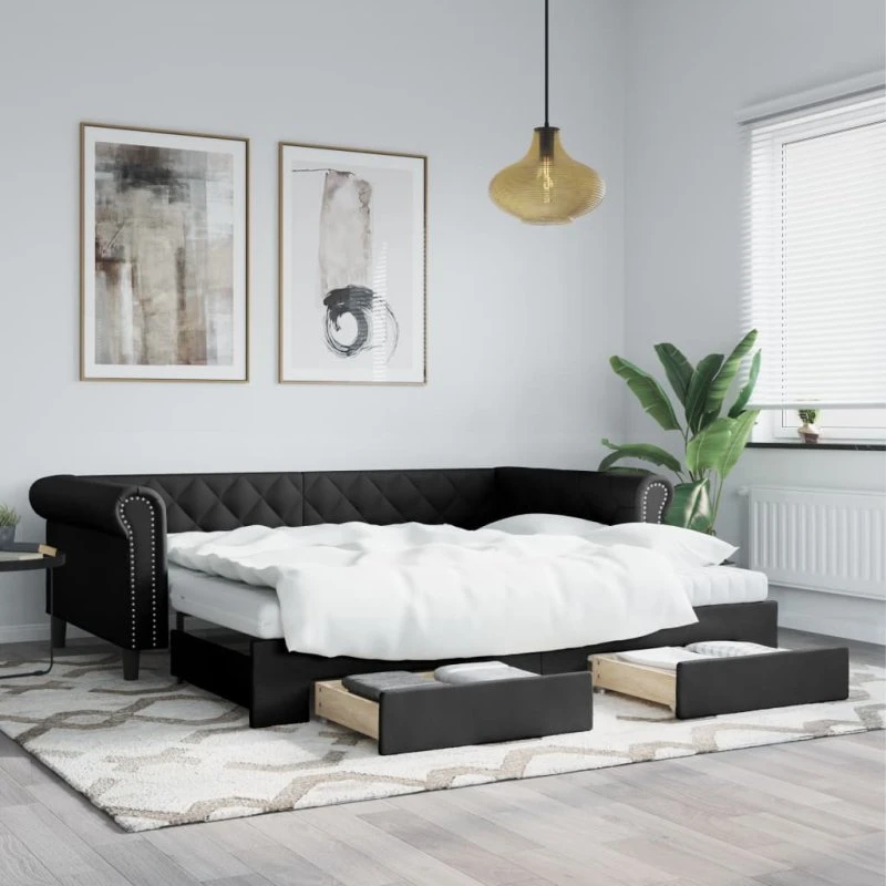 Daybed med udtræk & skuffer 90x200 cm kunstlæder - Sort