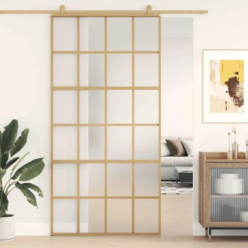 Skydedør 102,5x205 cm - matteret sikkerhedsglas, gylden aluminium