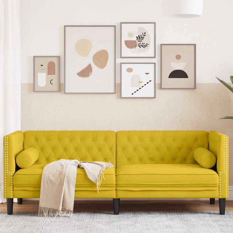 3-personers Chesterfield-sofa i gul fløjl med bolsterpuder