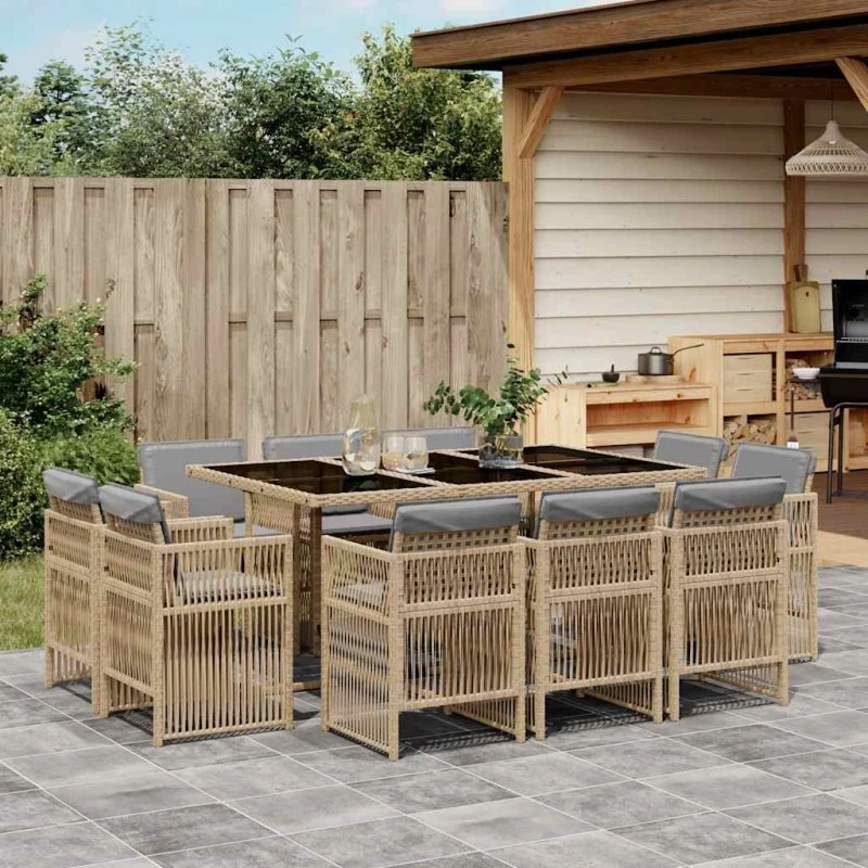 Spisebordssæt i polyrattan 11 dele med hynder – beige
