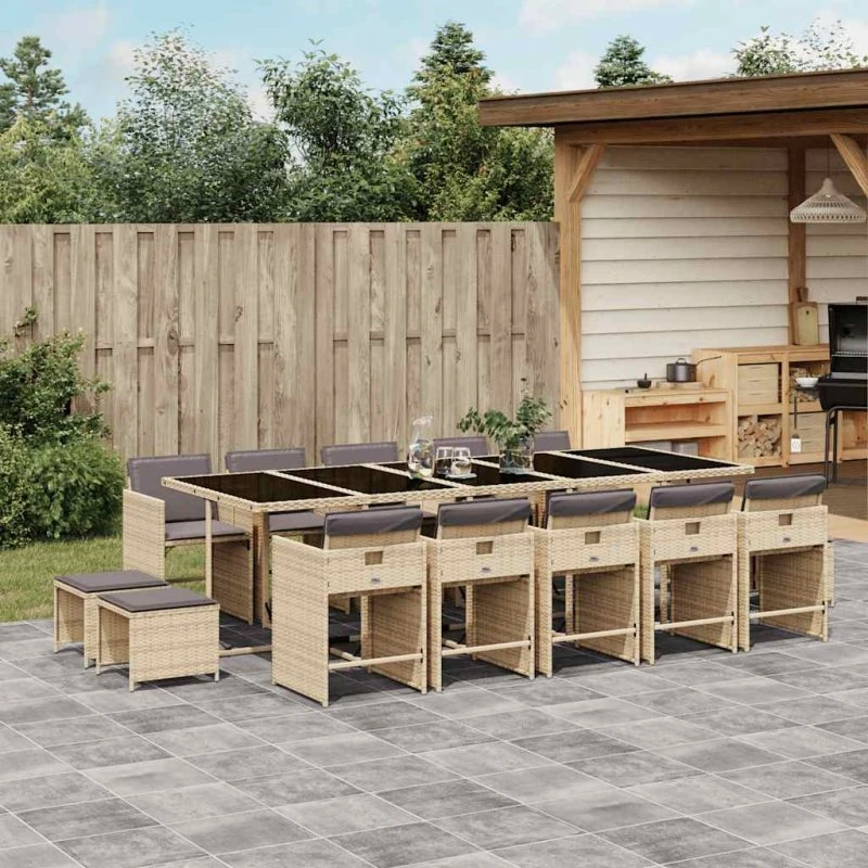 Spisebordssæt i polyrattan 15 dele med hynder - Beige
