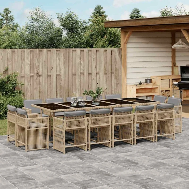 Spisebordssæt i polyrattan 15 dele med hynder - beige