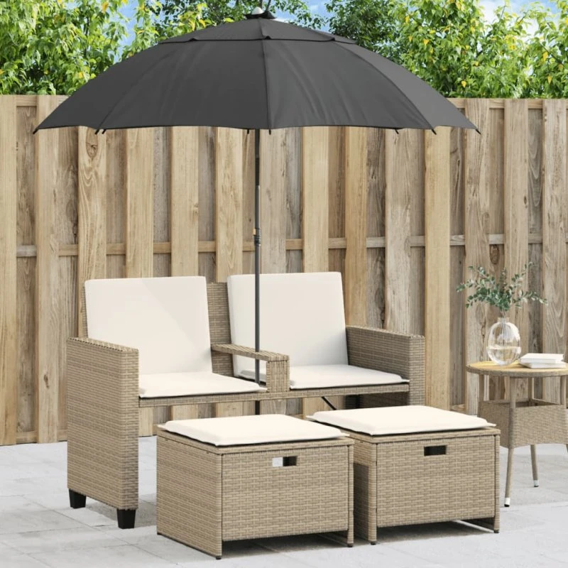 2-personers polyrattan havesofa med parasol og skamler, beige
