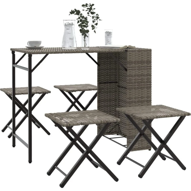 Spisebordssæt i polyrattan 5 dele – foldbart gråt