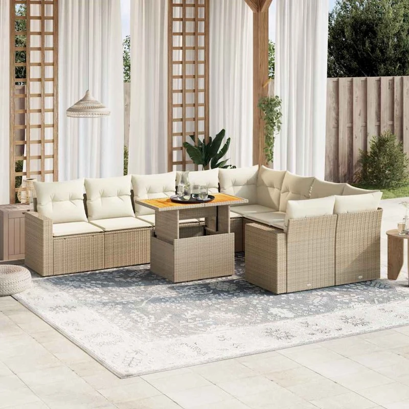 10-del havesofasæt i polyrattan med hynder – beige