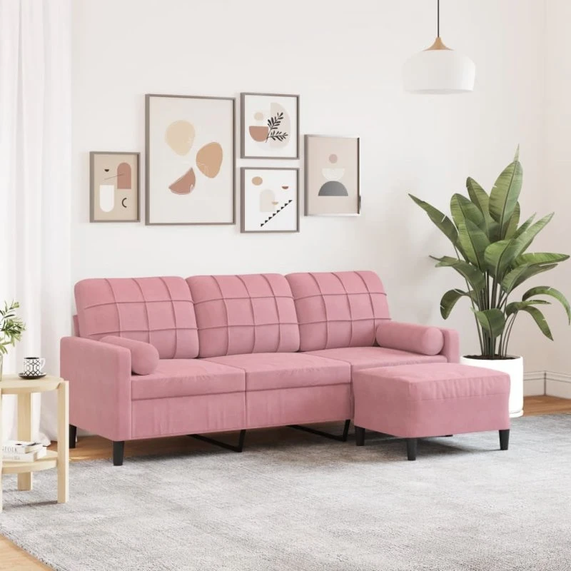 3-personers velour sofa med fodskammel 180 cm – lyserød