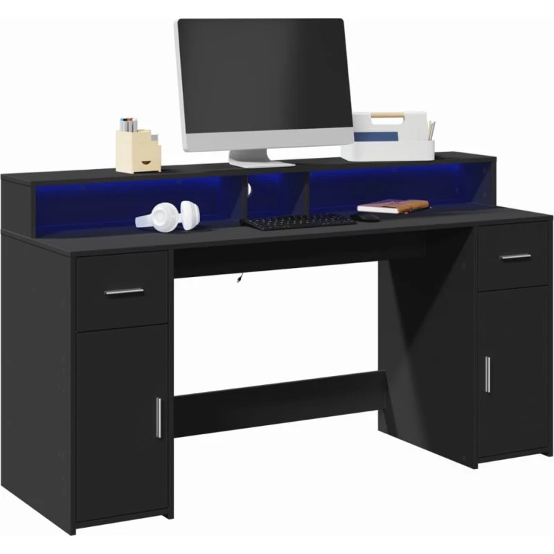 Skrivebord med RGB LED 160x55x91 cm - Sort konstruktionstræ