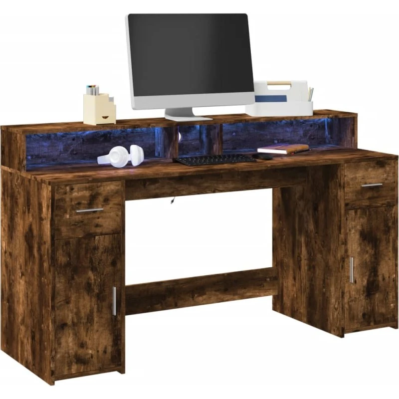 Skrivebord 160x55x91 cm med RGB LED - Røget eg