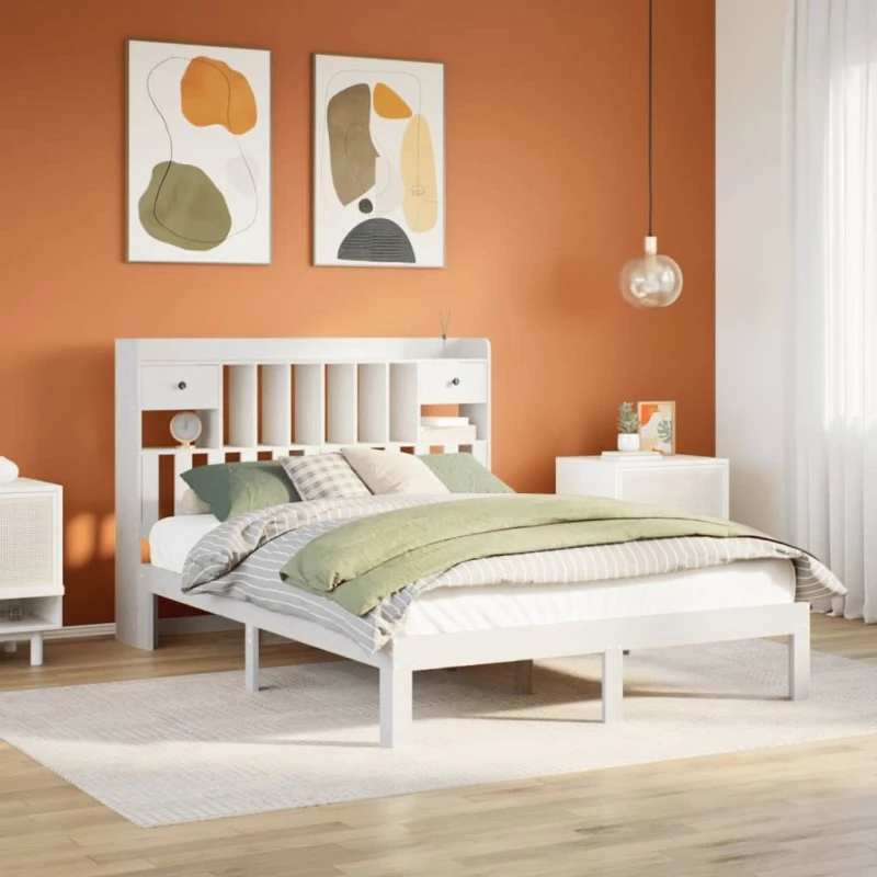 Seng med reol 140x200 i massivt fyrretræ - hvid (uden madras)