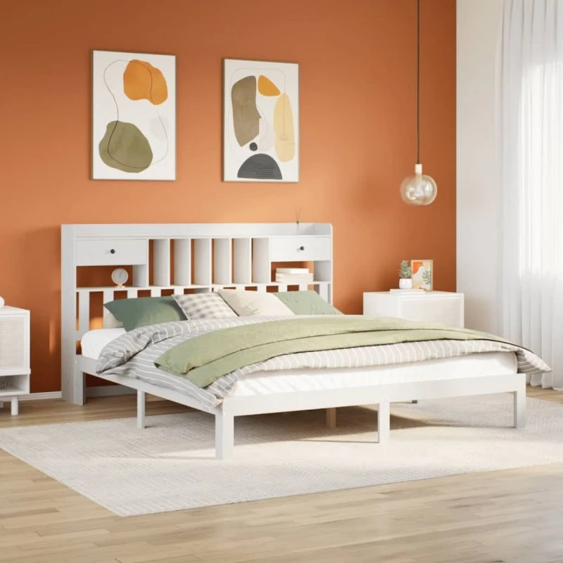 Seng med bogreol 180x200 cm i massivt fyrretræ, hvid