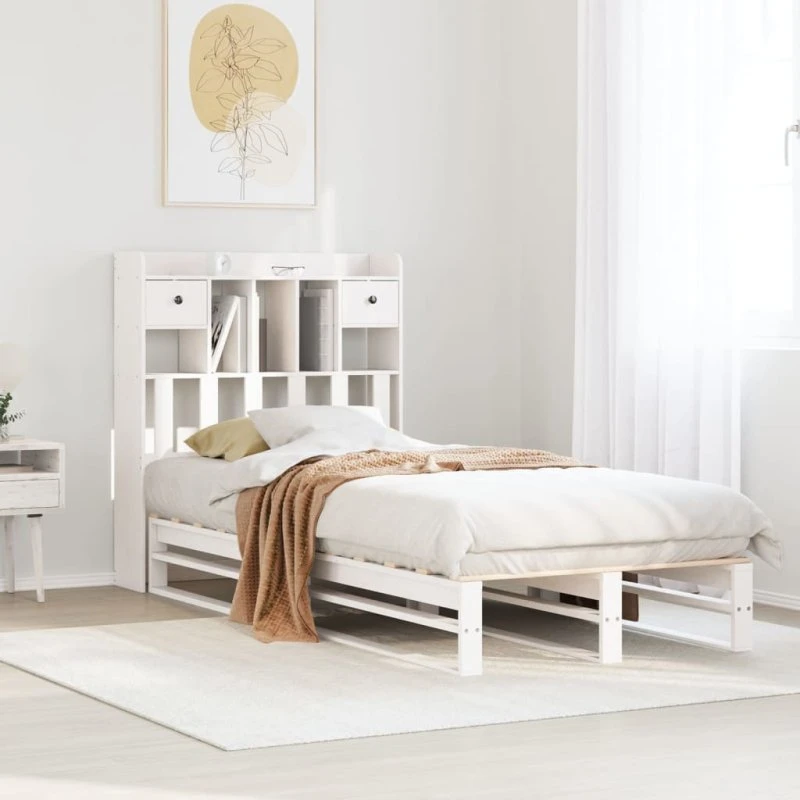 Seng med reol 75x190 cm i massivt fyrretræ — hvid