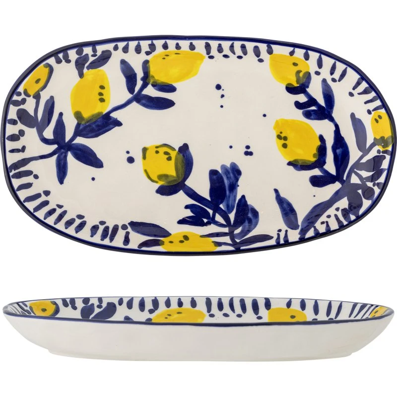 Maxima serveringsfad i blå stentøj med citronmotiv