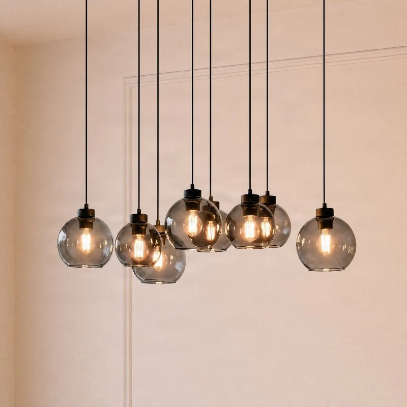 TK Lighting Cubus 8-flammet hængelampe 95 cm, røggråt glas