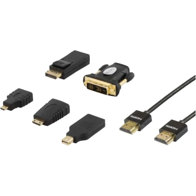 Deltaco HDMI-kabel 2m kit med DisplayPort & DVI, 4K, sort