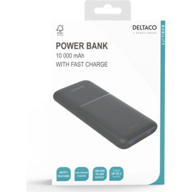 Deltaco PB-C1007 Powerbank 10.000 mAh – 20W USB-C, 2x USB-A